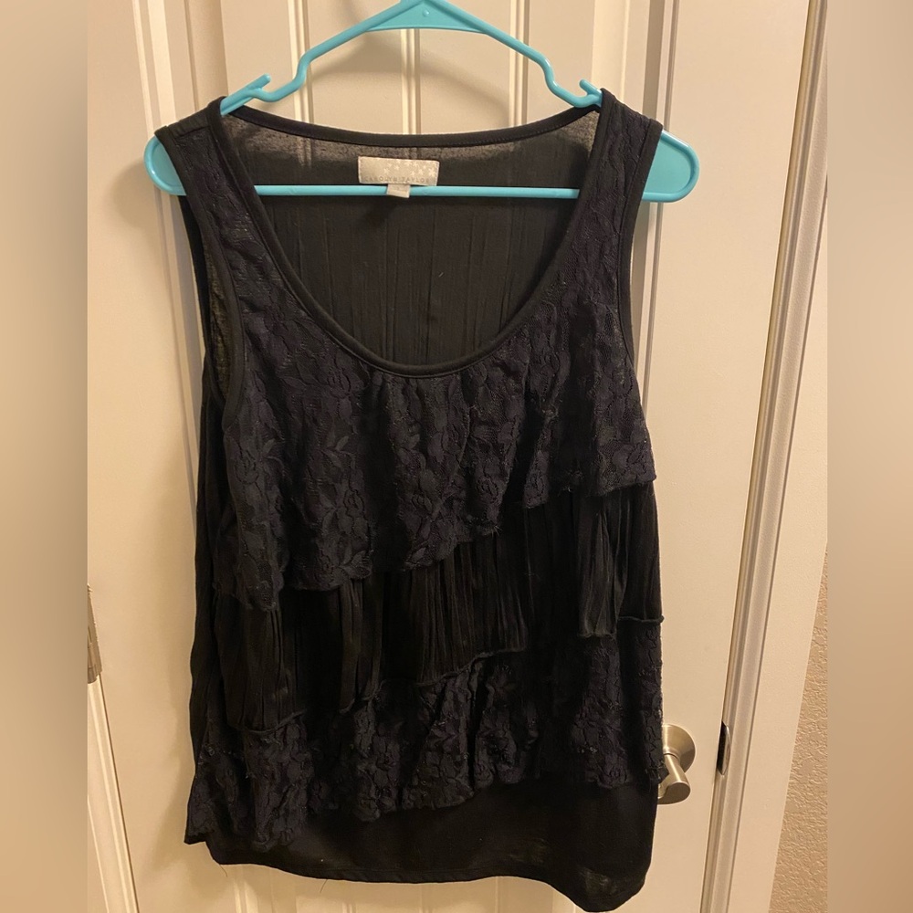 Carolyn Taylor L Top Layered Tiered Lace Tank Sleeve Blouse Black Shirt Large Lg